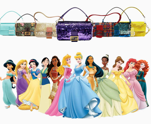 12 Disney princesses standing in a raw in their colorful gowns and outfits. a row of Fendi baguettes in different colors and embellishments on top which signifies these two share many similarities 