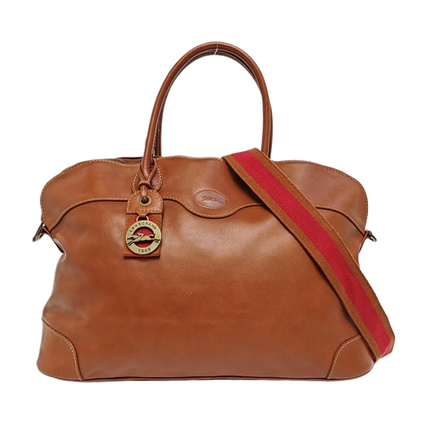 Longchamp Au Sultan Weekender Brown Leather Top Handle Travel Bag Canvas Strap-Luxbags