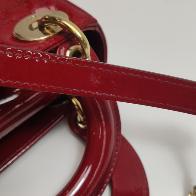 Lady Dior Mini 2019 Red Burgundy Patent Leather Gold Hardware Suede Interior Chain Strap