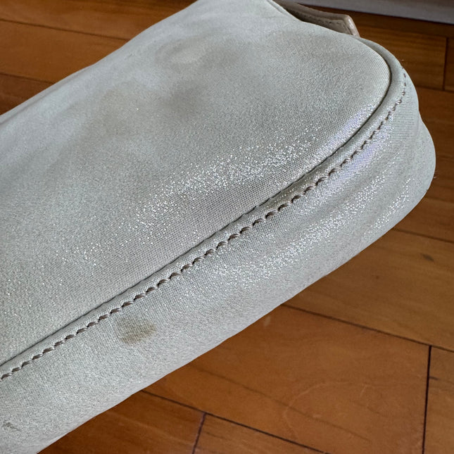 FENDI Baguette 1997 White Pearlescent Fabric Crystal Buckle Shoulder Bag