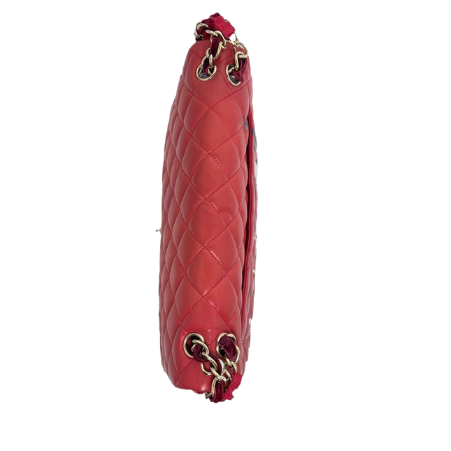 Chanel Classic Flap 2009 Large Red Leather Gold Hardware Velvet Chain Matelasse Strap