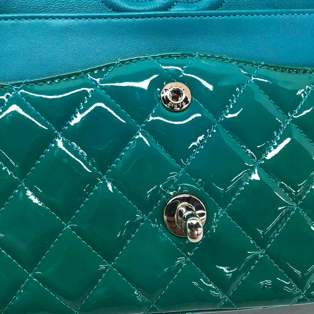 Chanel Classic Flap Medium Teal Blue Green Patent Leather Silver Hardware 2014-15