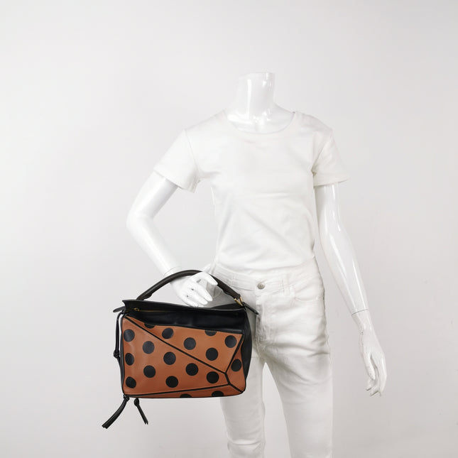 Loewe Puzzle Medium Polka Dots Brown Black Leather