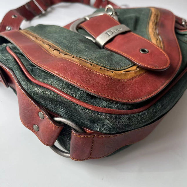 Sac Bandoulière Dior Vintage Gaucho Grand Jean Vert Cuir Bordeaux 2006