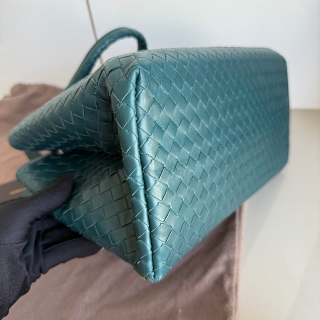 Bottega Veneta Roma Intrecciato Nappa Leather Peacock Green With Strap Small 30cm