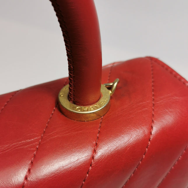 Chanel Coco Handle Small Red Lambskin Leather Chevron Stitching Gold Hardware, 2017-18