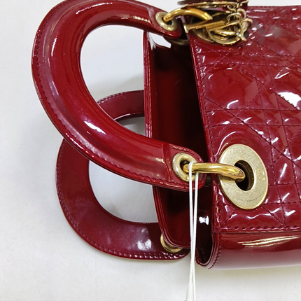 Lady Dior Mini Handbag Burgundy Red Patent Leather Gold-tone Chain Strap