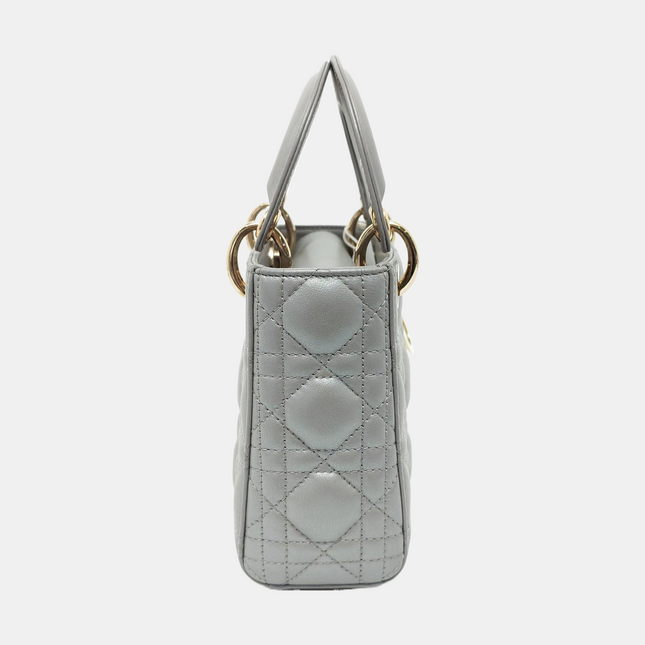 Lady Dior Mini Pearlescent Grey Cannage Lambskin Gold Hardware Chain Strap