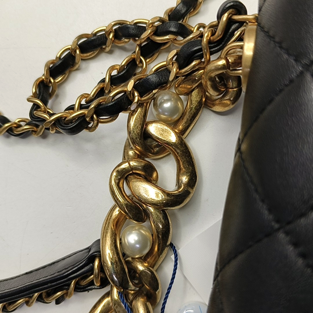 Chanel Classic Flap Mini Pearl Chain Black Lambskin Gold Hardware