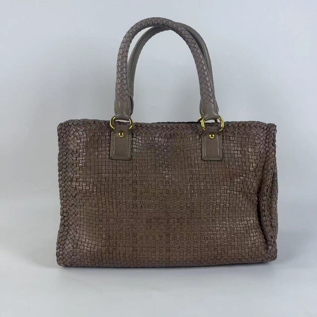 Prada Madras Brown Woven Leather Top Handle Shopping Tote Medium
