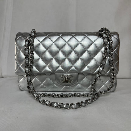 Chanel Classic Flap Medium Silver Lambskin Leather Silver Hardware