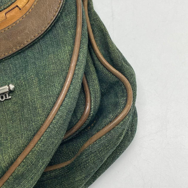 Dior Vintage Gaucho Large Green Denim Brown Leather Crossbody Bag