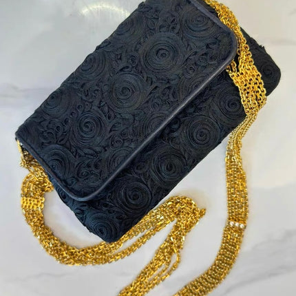 Chanel vintage Black Rose Knitted Fabric Gold Chain Flap Crossbody Bag-Luxbags
