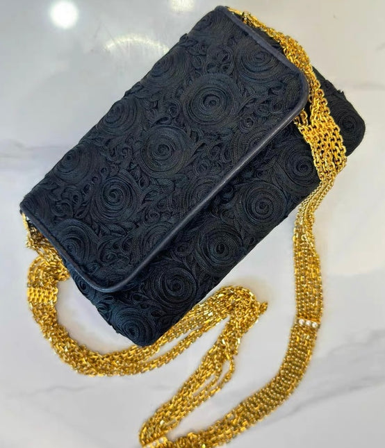 Chanel vintage Black Rose Knitted Fabric Gold Chain Flap Crossbody Bag-Luxbags