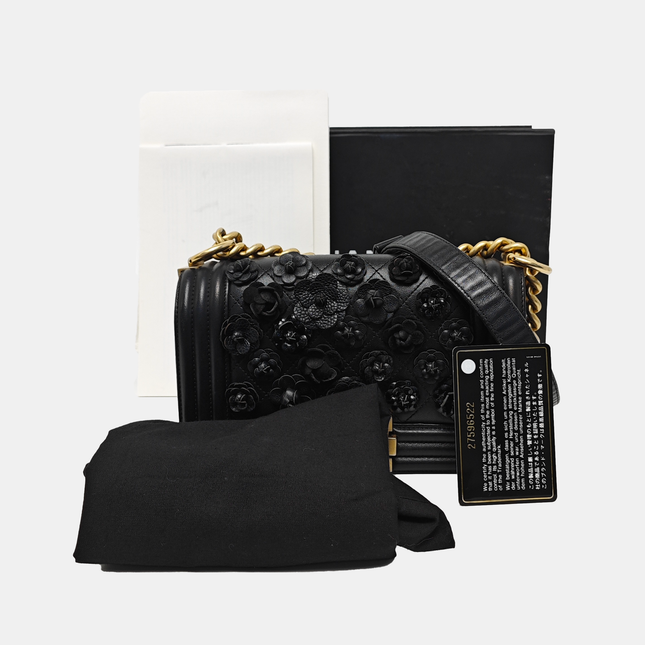Chanel Le Boy Bag Small Camellia Black Lambskin Leather Gold Hardware