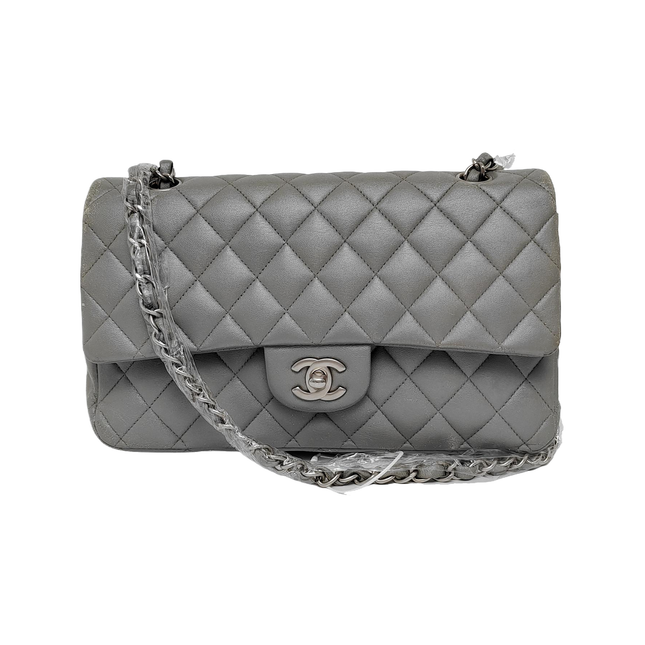 Chanel Timeless Classic Flap Medium Grey Lambskin Leather Silver Hardware-Luxbags