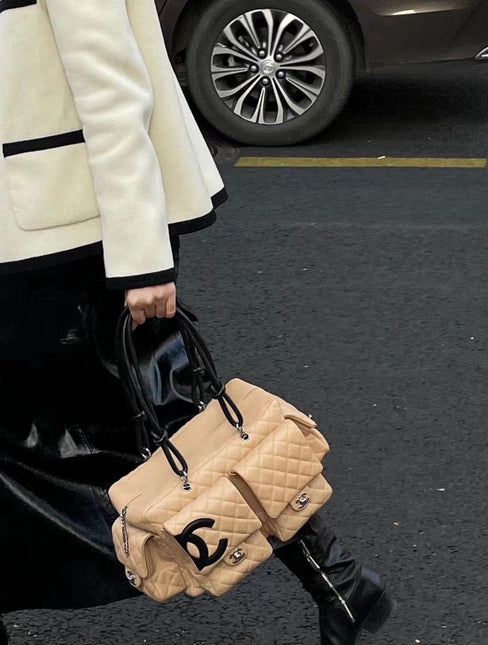 Chanel Cambon Multi-pocket Ligne Reporter Bag Large Beige Calfskin Leather