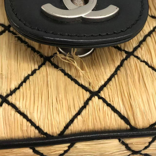 Chanel Medium Straw Wicker Flap Bag Black Diamond Wild Stitch