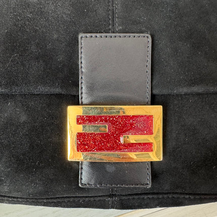 Fendi Mamma Baguette Black Suede Leather Red Buckle