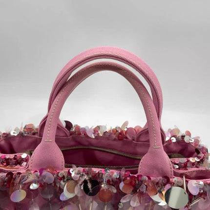 Prada Canape Small Pink Canvas with Sequins Top Handle Bag with Strap Rare