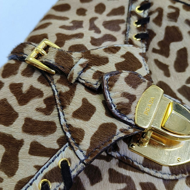 Prada Messenger Leopard Print Pony-style Calfskin Fringe Trimmed Shoulder Bag