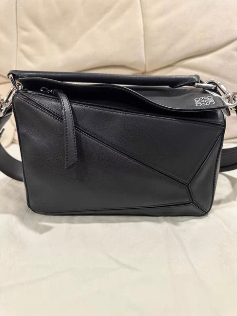 Loewe Puzzle Small Black Smooth Leather White Logo With Metal Feet 2016