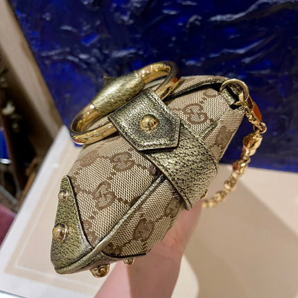 Sold Gucci Horsebit 1955 Large Cloth Beige Monogram Gold Leather Shoulder bag