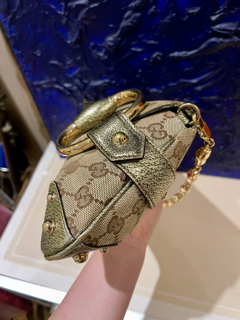 Sold Gucci Horsebit 1955 Large Cloth Beige Monogram Gold Leather Shoulder bag