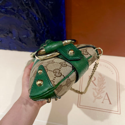 Gucci Horsebit 1955 Chain Cloth Green Web Monogram Leather and Gold Studs