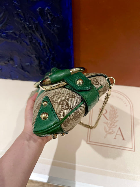Gucci Horsebit 1955 Chain Cloth Green Web Monogram Leather and Gold Studs
