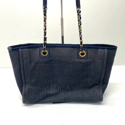 Chanel Deauville Tote Navy Denim Cloth Leather Chain Strap Small 34cm
