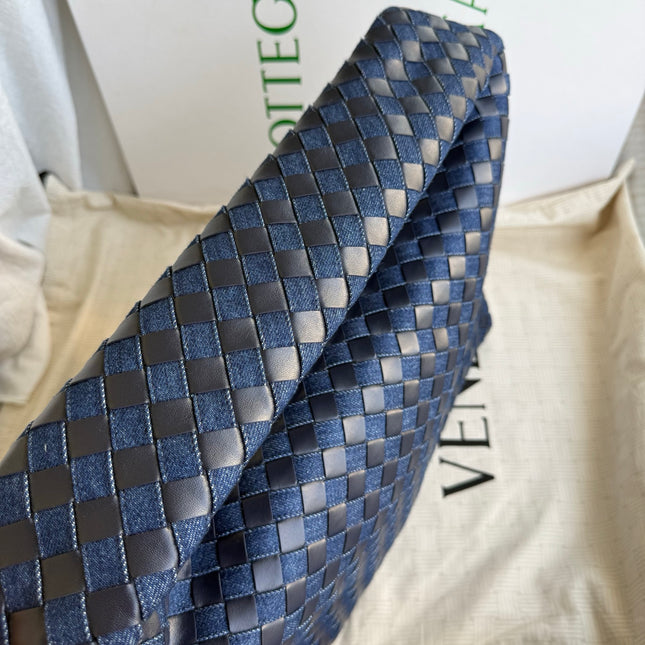 Bottega Veneta Hop Large Leather and Denim Intrecciato Navy Hobo Bag 55cm