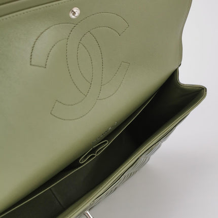 Chanel Classic Flap Maxi Metallic Green Patent Leather Double Flap Sliver Hardware 2012