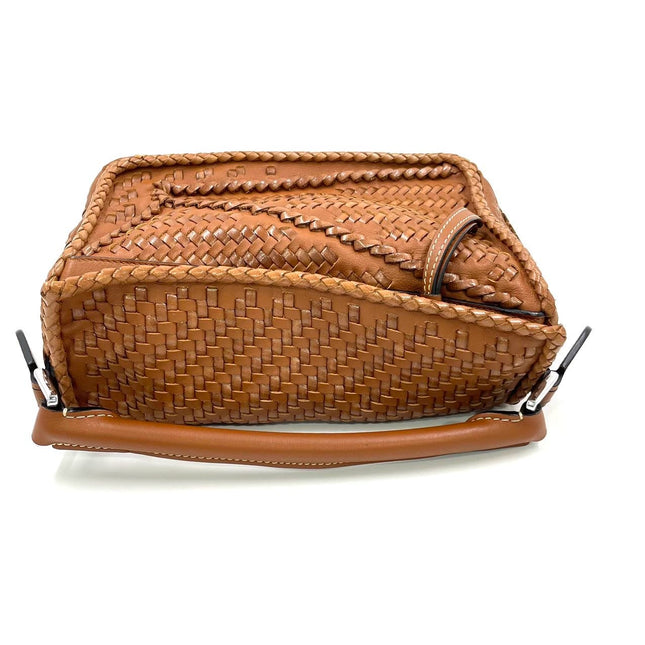 Loewe Puzzle Small Leather Woven Caramel Tan Crossbody Bag