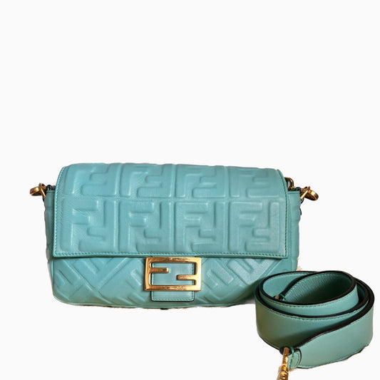 FENDI Baguette Turquoise Leather 3D FF Motif Crossbody bag-Luxbags