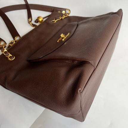 Chanel Vintage Front Pocket Tote Chocolate Brown Caviar Leather Double Gold Leather Chain