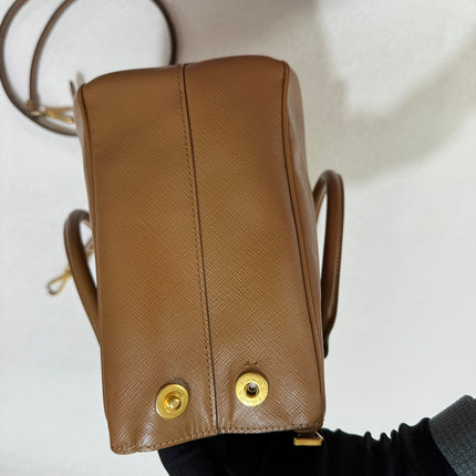 Prada Galleria Saffiano Leather Small Tan Brown Handbag with Strap 25cm