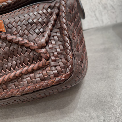 Loewe Puzzle Small Leather Woven Braided Dark Brown Crossbody Bag