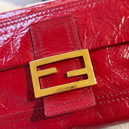 FENDI Baguette Red Crinkled Patent Leather Shoulder Bag