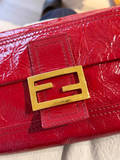 FENDI Baguette Red Crinkled Patent Leather Shoulder Bag