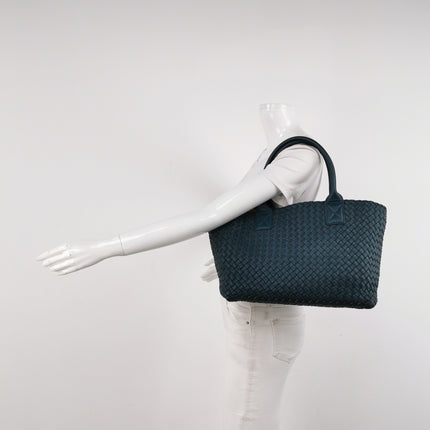 Bottega Veneta Cabat Tote Small/Medium Intreccio Blue Green Leather and Suede Lining 32cm