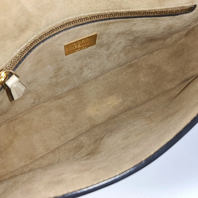 Fendi Baguette Selleria Medium White Calfskin Leather Gold Studs Crossbody Bag