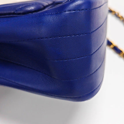 Chanel Classic Flap Mini Square Chevron Stitching Blue Lambskin Gold Hardware Crossbody Bag