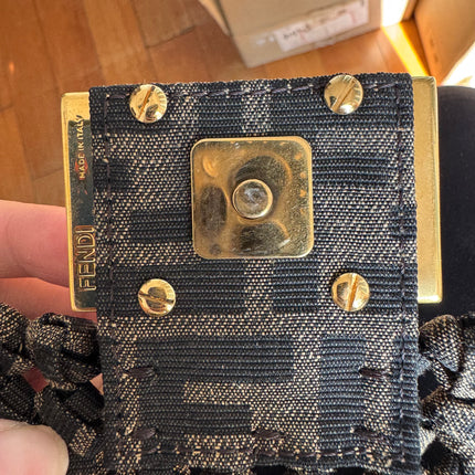 Fendi Baguette Mini Canvas Crochet Zucca Dark Green and Gold Hardware