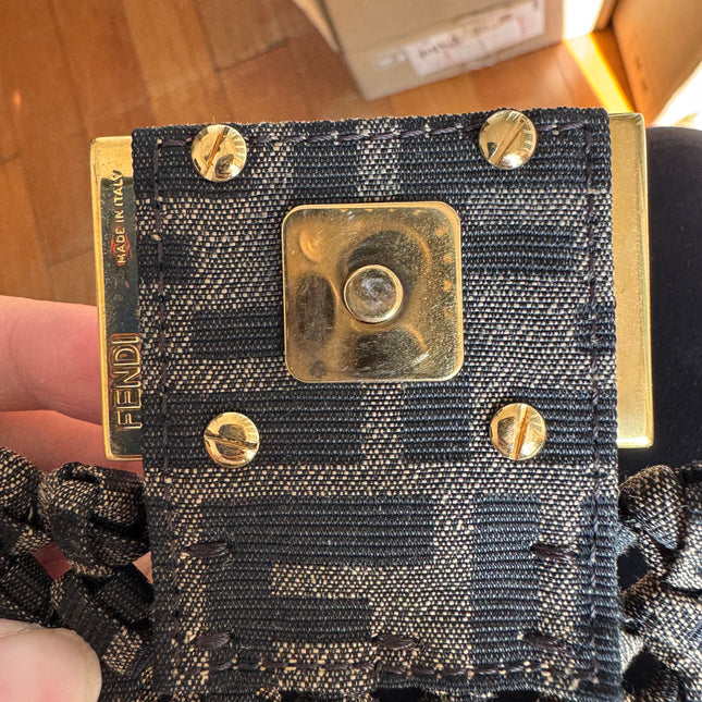Fendi Baguette Mini Canvas Crochet Zucca Dark Green and Gold Hardware