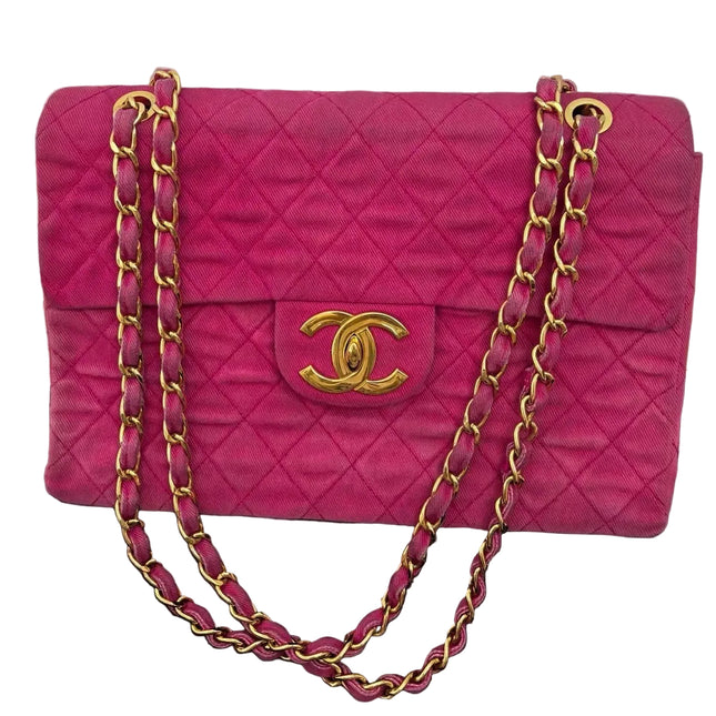 Chanel RARE Vintage Classic Maxi 34 Flap Hot Pink Denim Giant CC 24 Gold Hardware-Luxbags