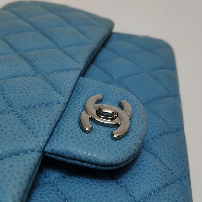 Chanel Timeless Classic Flap Medium Light Blue Caviar Leather Silver Hardware