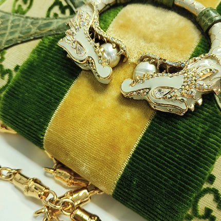 Gucci Jeweled Dragon Bag Green Crocodile and GG Velvet Bamboo Chain Strap Shoulder Bag