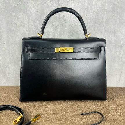 Hermes Kelly 32 Sellier Black Box Leather Double Ring Gold HW-Luxbags