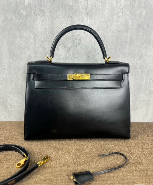 Hermes Kelly 32 Sellier Black Box Leather Double Ring Gold HW-Luxbags